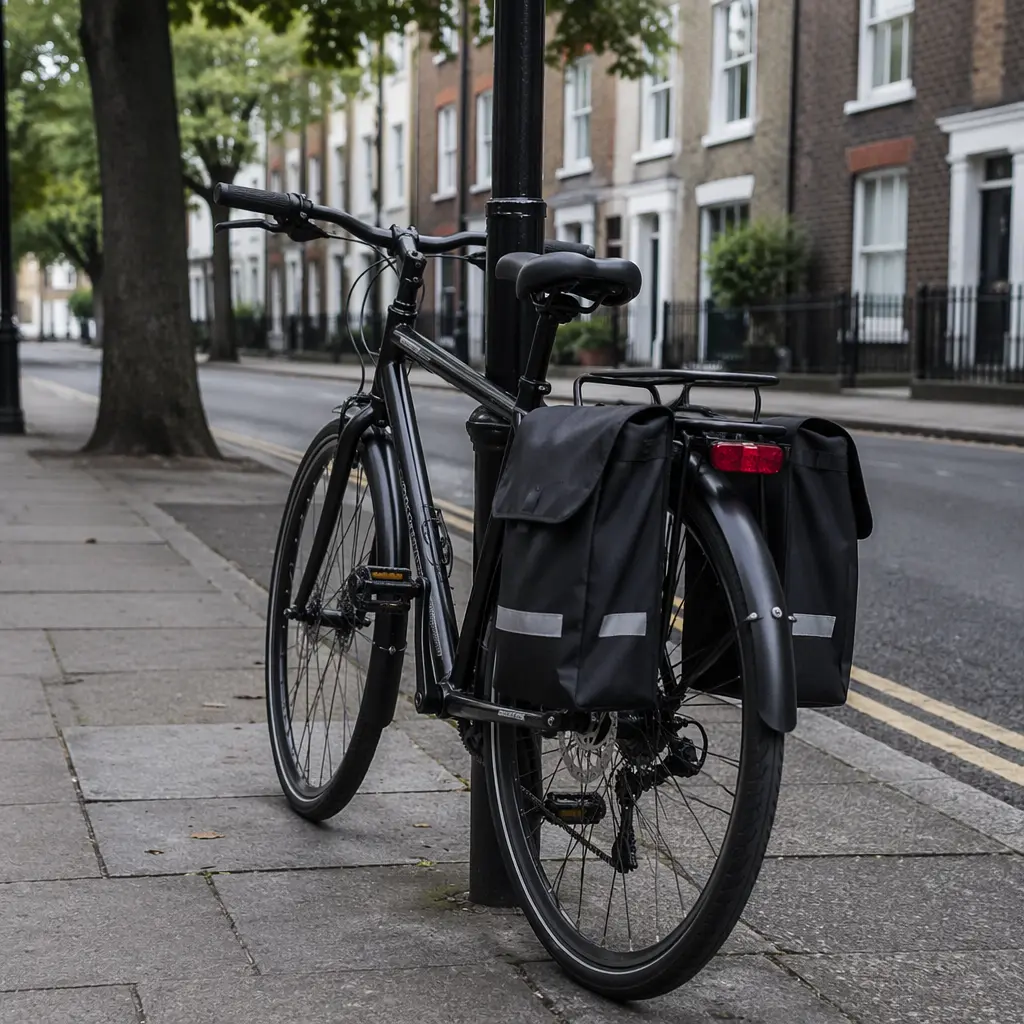 Bike with panniers, mudguards and rear light for practical riding