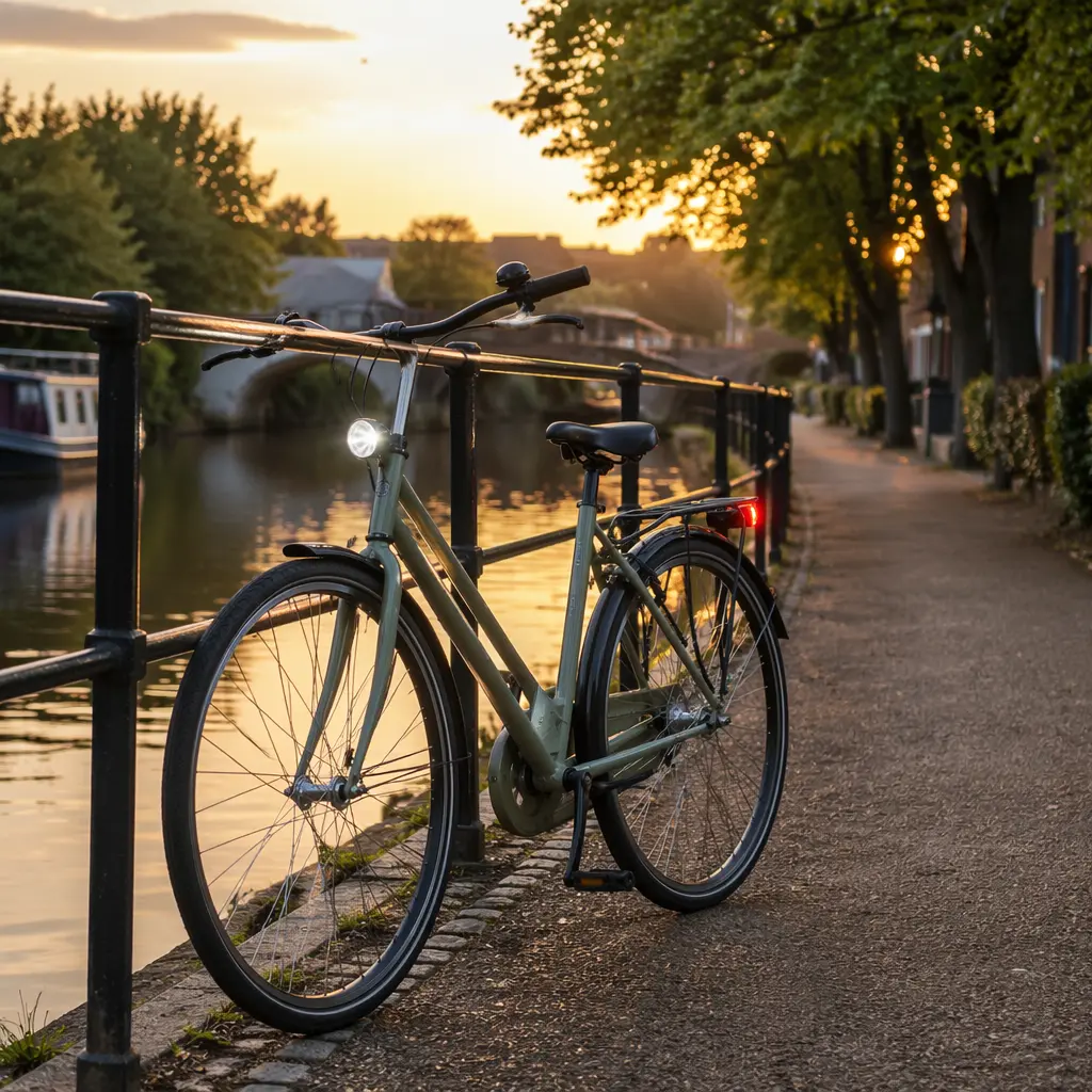 Commuter bike with essential safety and comfort accessories beside a canal towpath