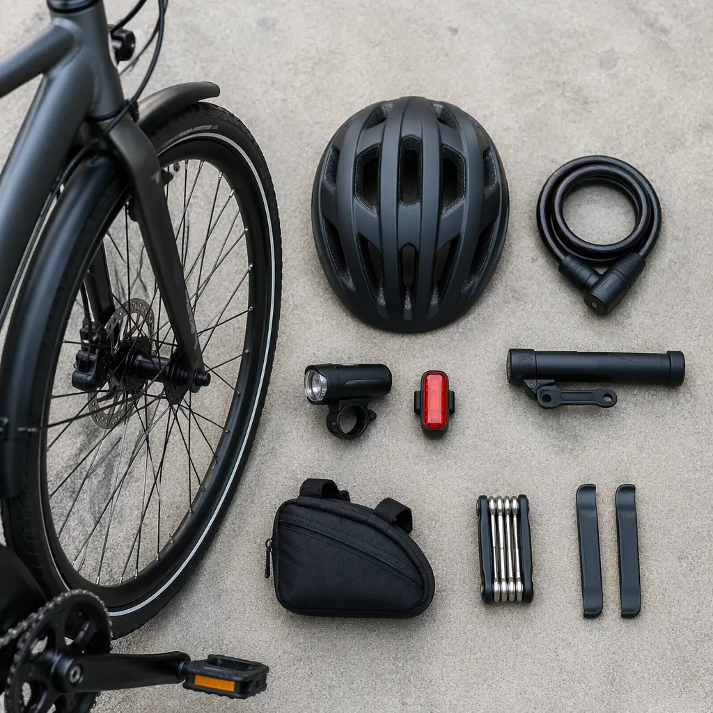 Bike accessories including helmet, lights, lock and pump laid out beside a bicycle