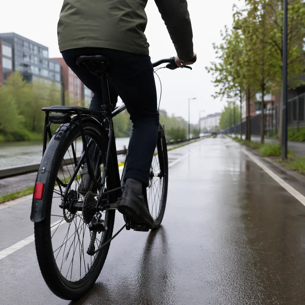 A practical commuter bike with mudguards and rear rack on an urban cycle path
