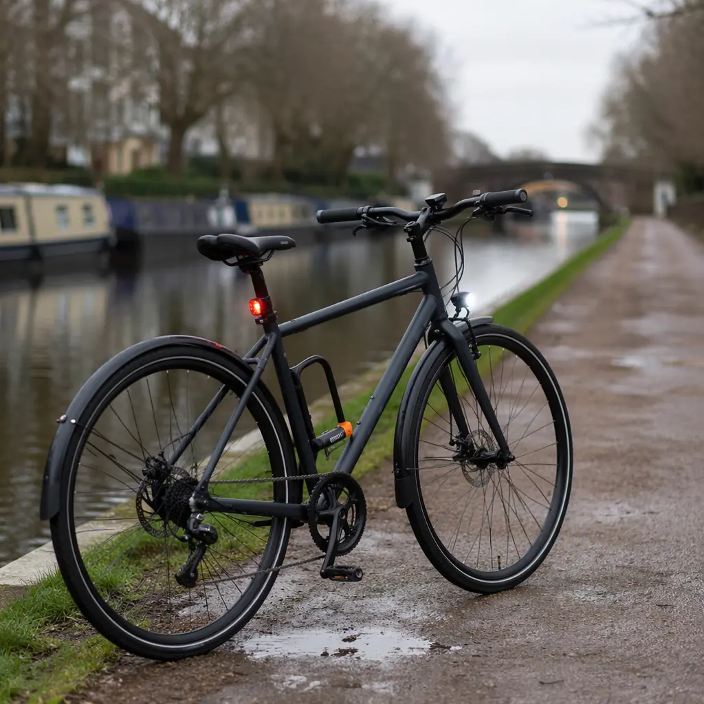 A commuter bicycle with essential accessories parked on a canal towpath