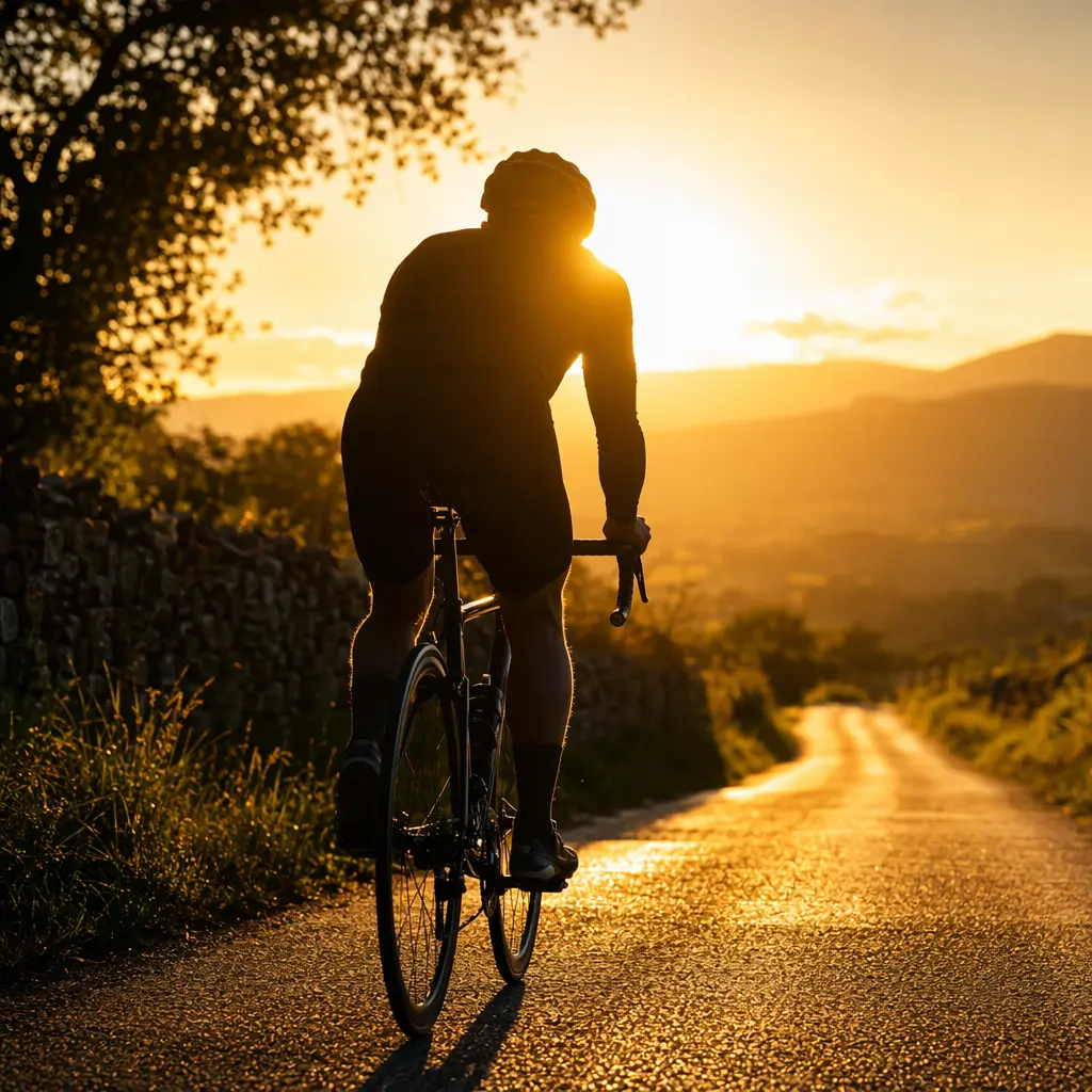 An everyday road bike ridden along a sunlit country lane at golden hour