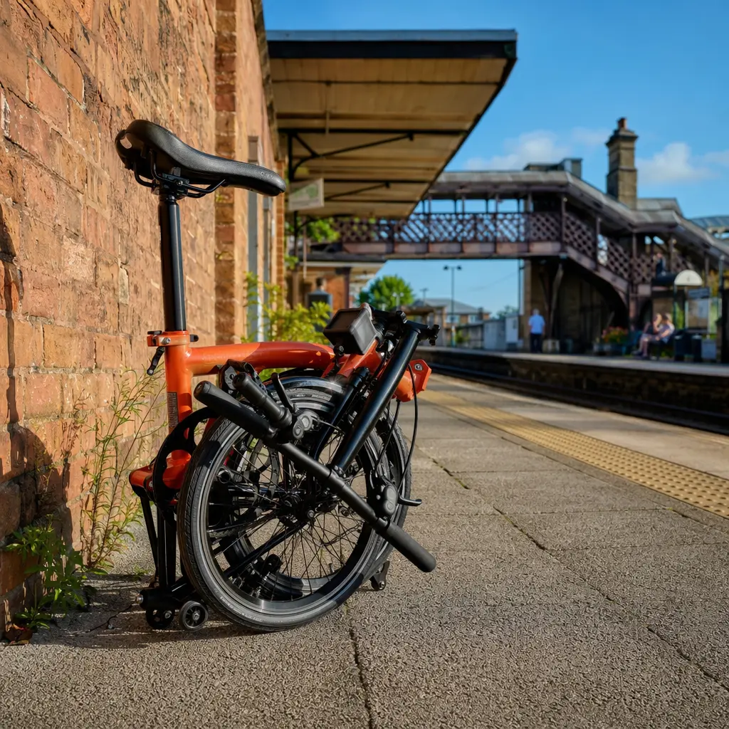 A folding bike being folded beside a railway platform in bright daylight