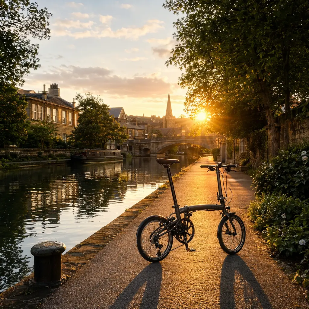 A folding bike set up for a commute along a canal towpath in warm evening light