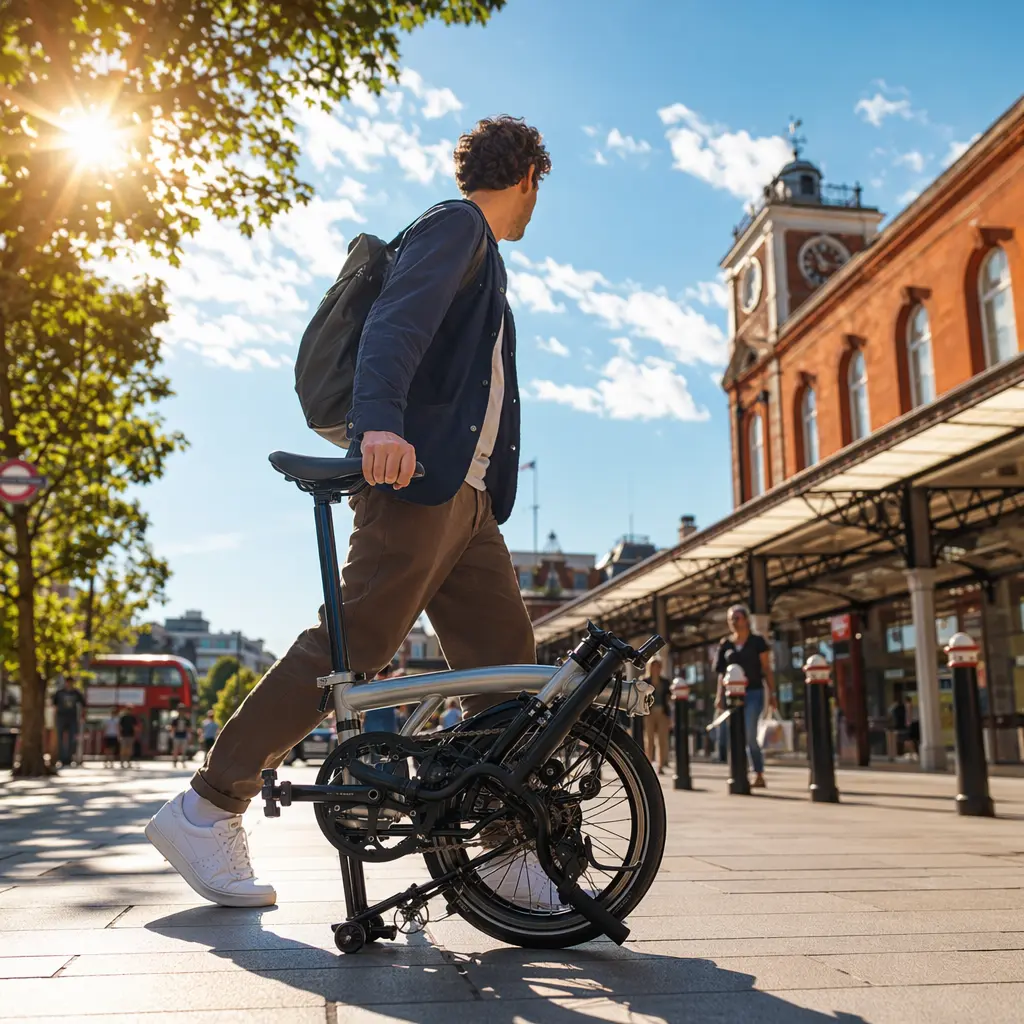 A folding bike in bright summer light near a UK train station, set up for daily commuting
