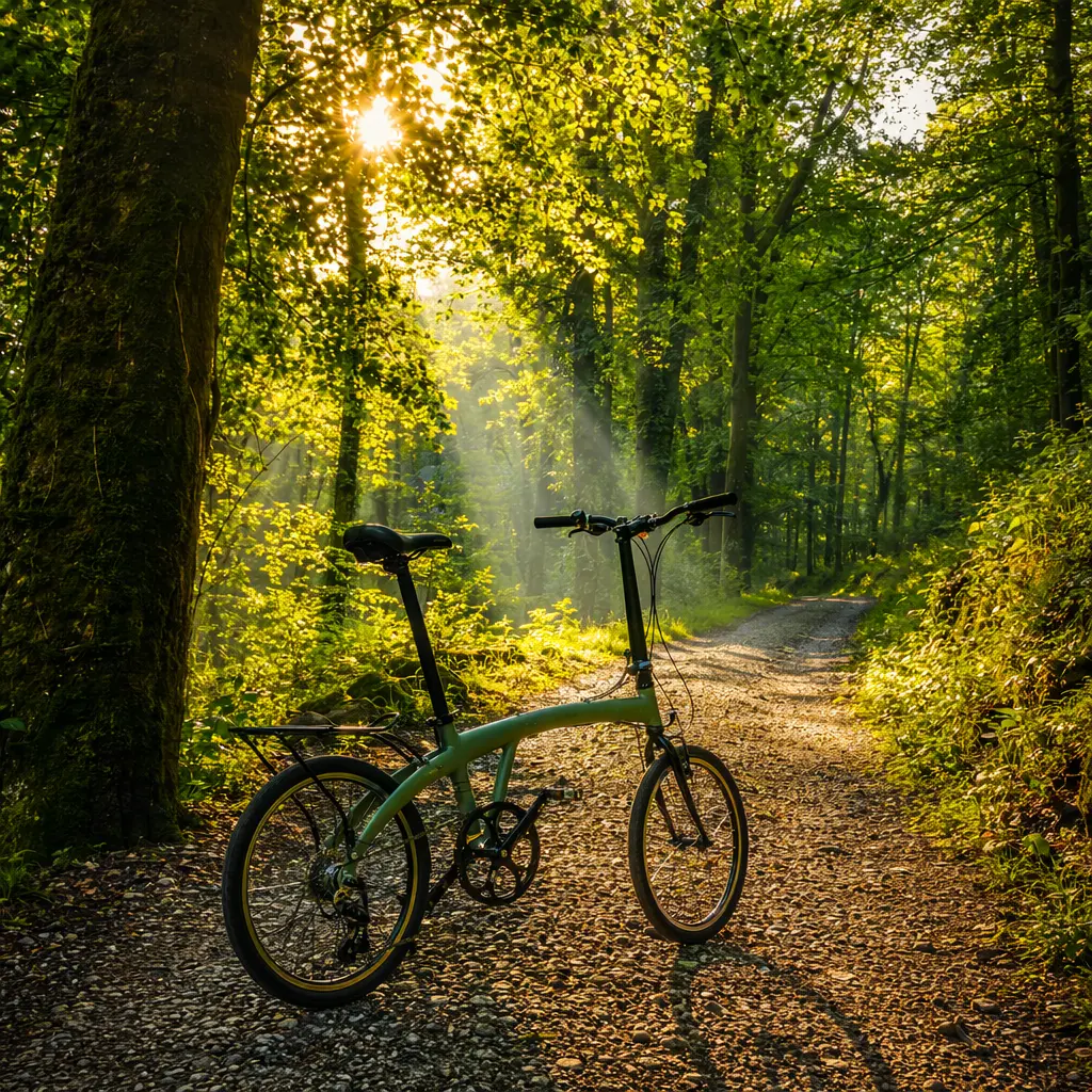 Folding bike on a sunlit woodland path in warm morning light