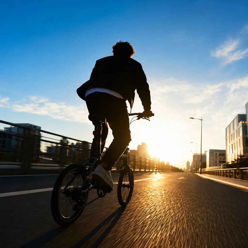 Silhouette of a rider on a folding bike at sunset on a city street