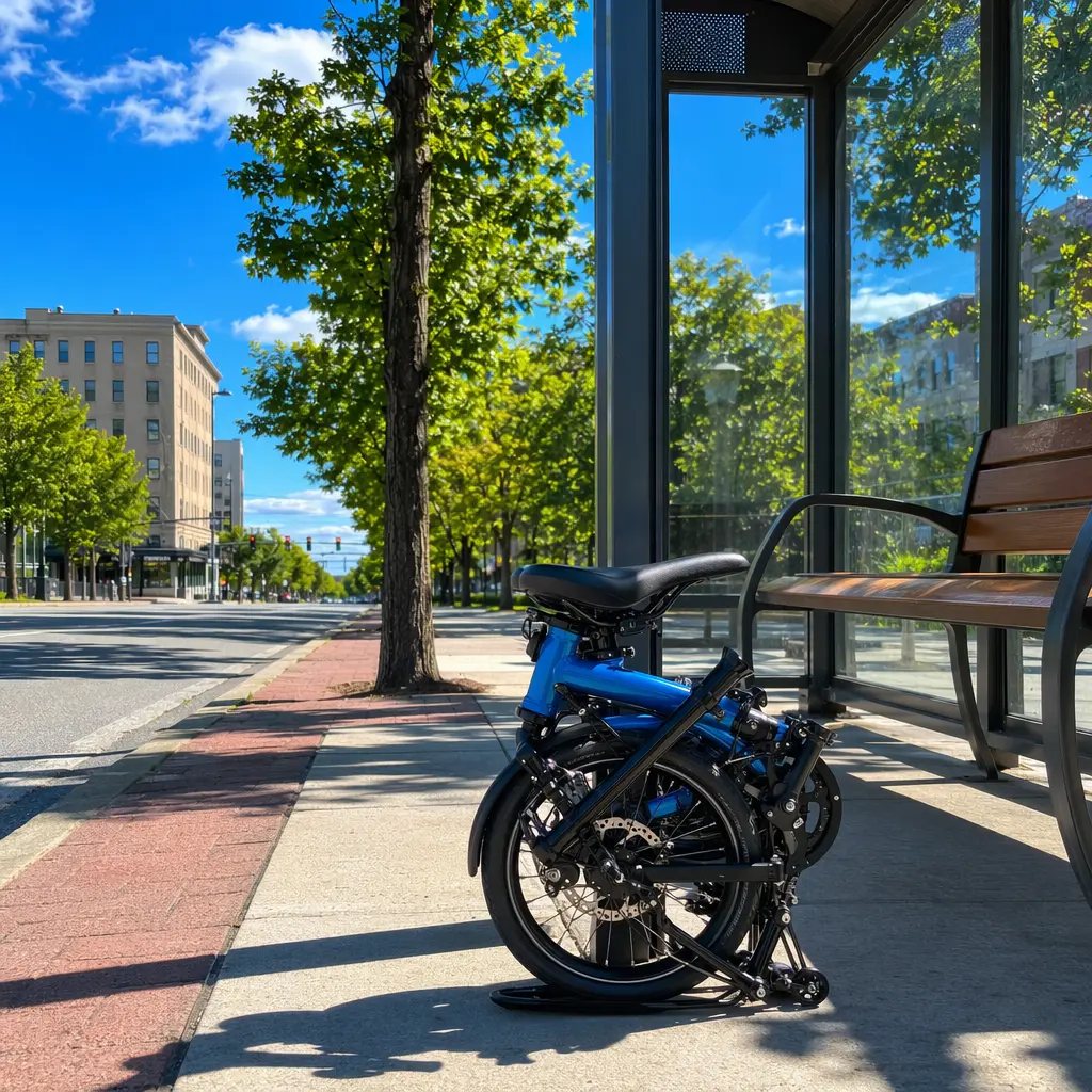 Folded bike waiting at a sunny bus stop
