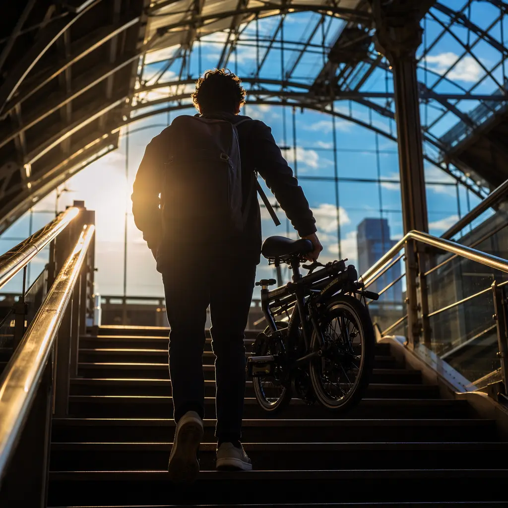Silhouette of a rider carrying a folded bike on a sunlit train platform
