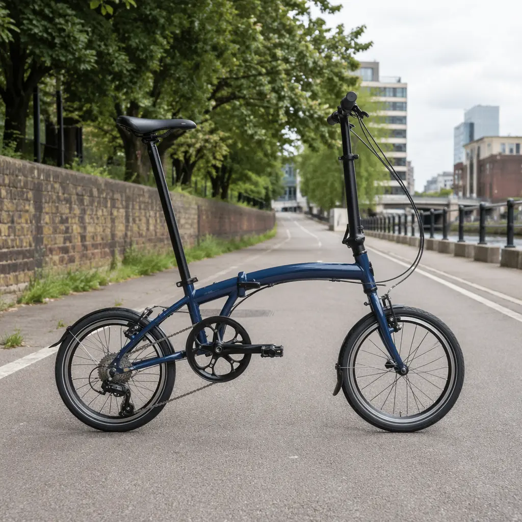 An unfolded folding bike on a paved cycle path, showing wheel size and upright geometry.