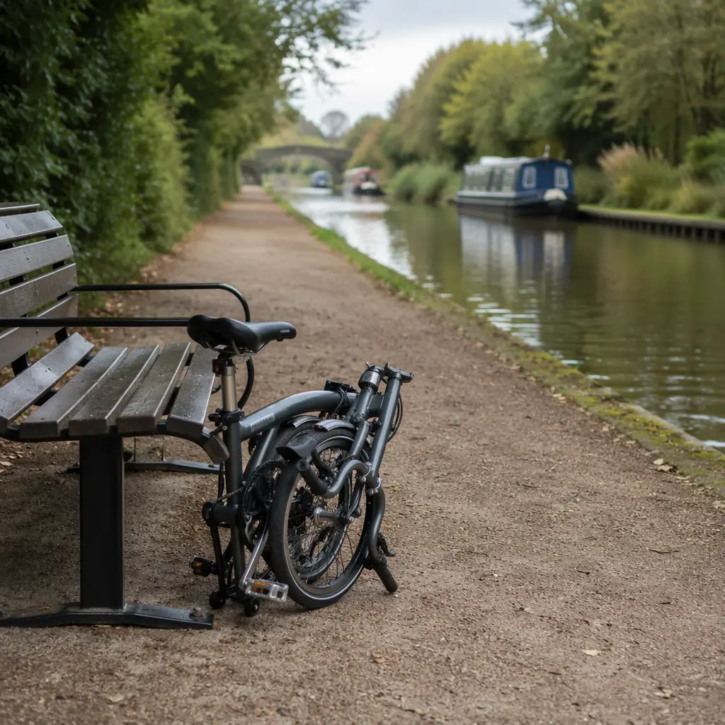 A compact folding bike folded on a canal towpath, showing its small wheels and portable size.