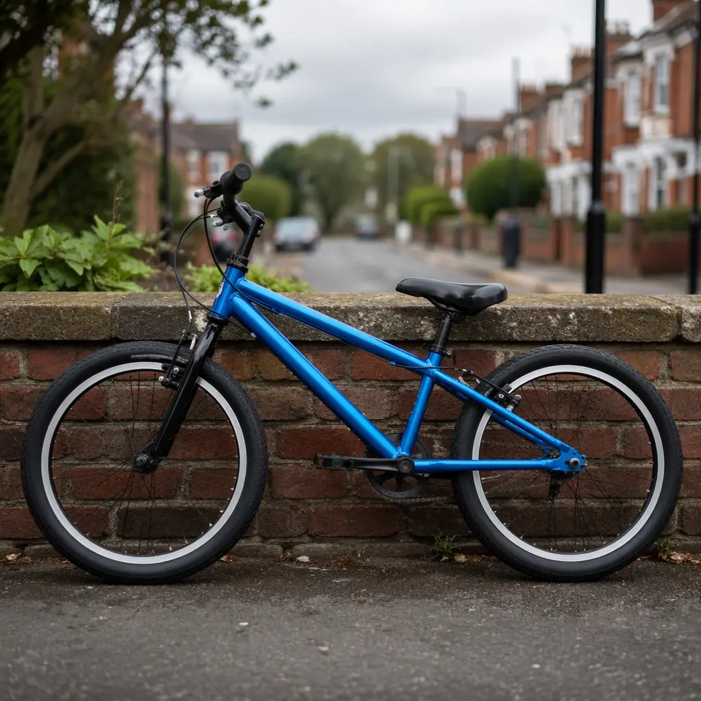 Lightweight children's pedal bike parked on a quiet UK street
