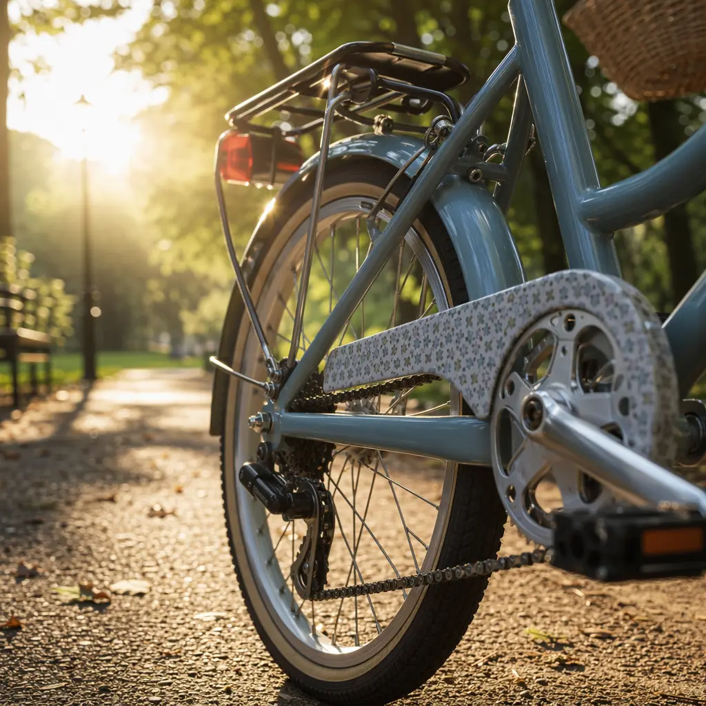 Close-up of a child’s city bike showing gears and rear rack in warm sunlight