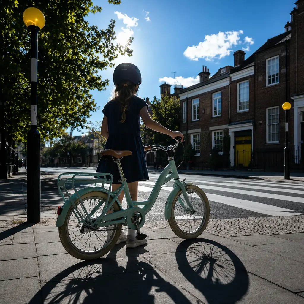 A Frog City-style kids’ bike on a sunny UK street, set up for everyday riding