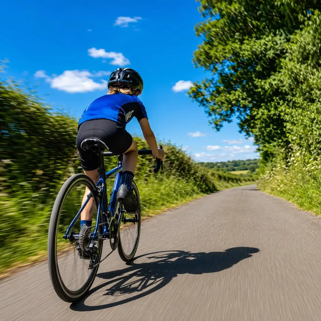 A lightweight kids’ drop-bar road bike being ridden along a sunny country lane