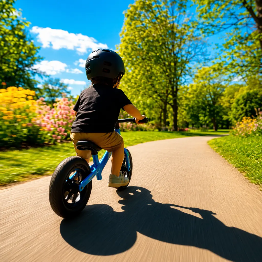 A lightweight balance bike being ridden along a sunny park path, viewed from behind