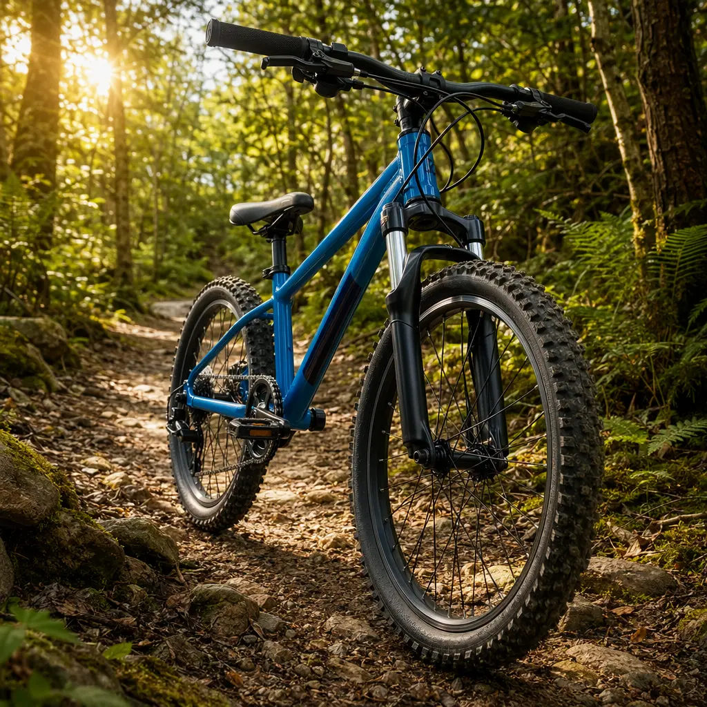 A lightweight children's mountain bike on a sunlit woodland trail