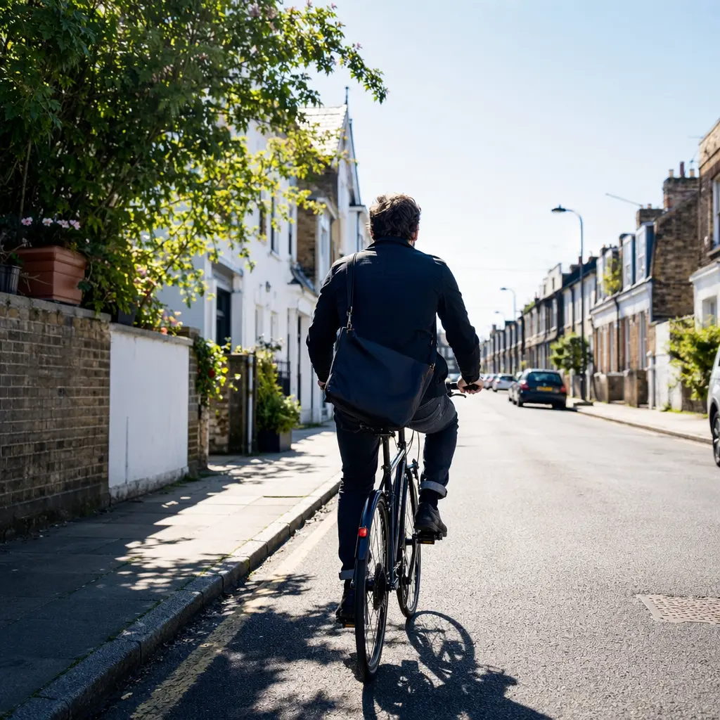 A Dutch-style city bike being ridden through a bright UK street in strong sunshine