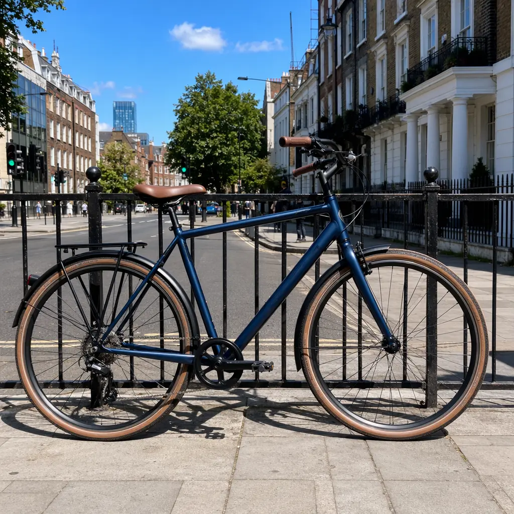 A modern commuter-style city bike in bright summer sunshine
