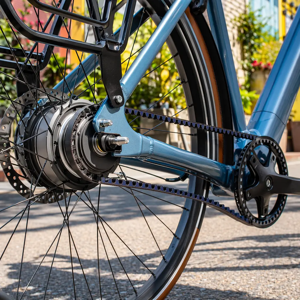 Close-up of a low-maintenance city bike drivetrain in bright daylight