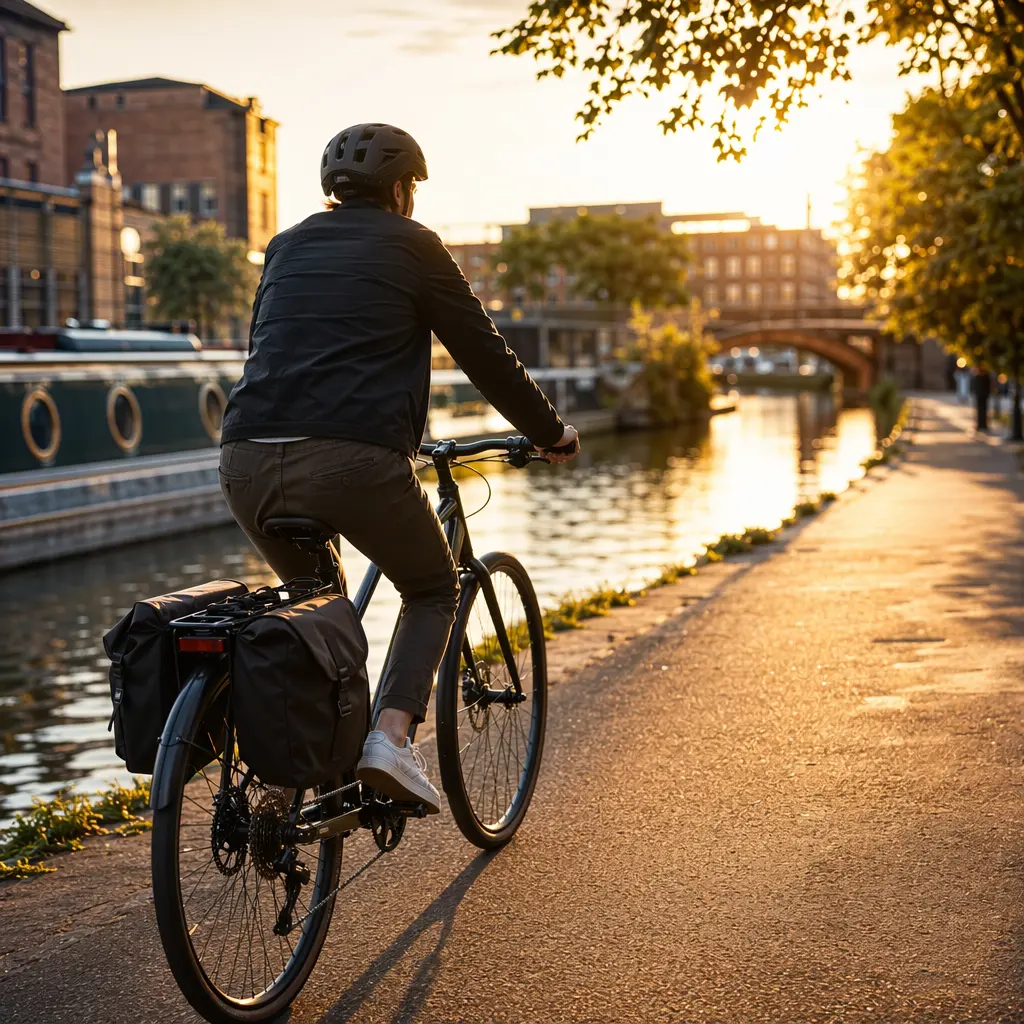 A refined city bike being ridden along a canal path in warm evening light