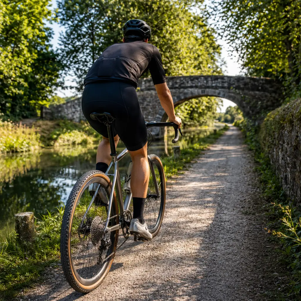 Aluminium gravel bike riding along a sunny UK canal towpath