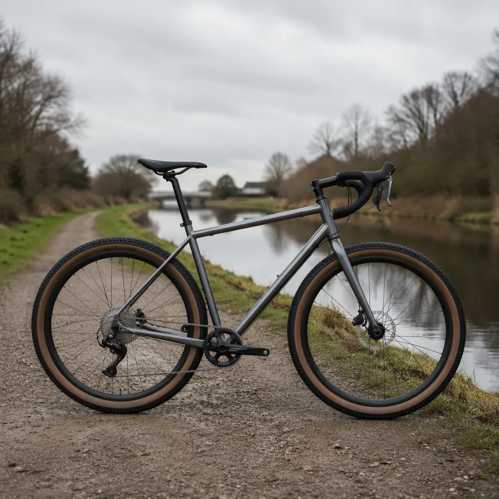 Steel drop-bar all-road bike with wide tyres beside a UK canal