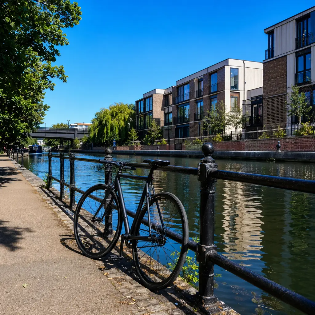 A clean-lined city bike beside a canal on a bright summer day
