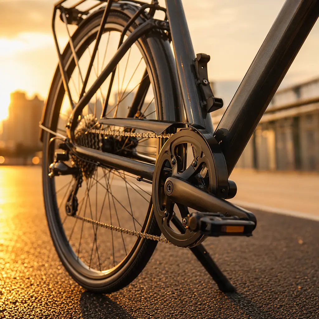 Close-up of a city bike’s drivetrain in warm golden-hour light
