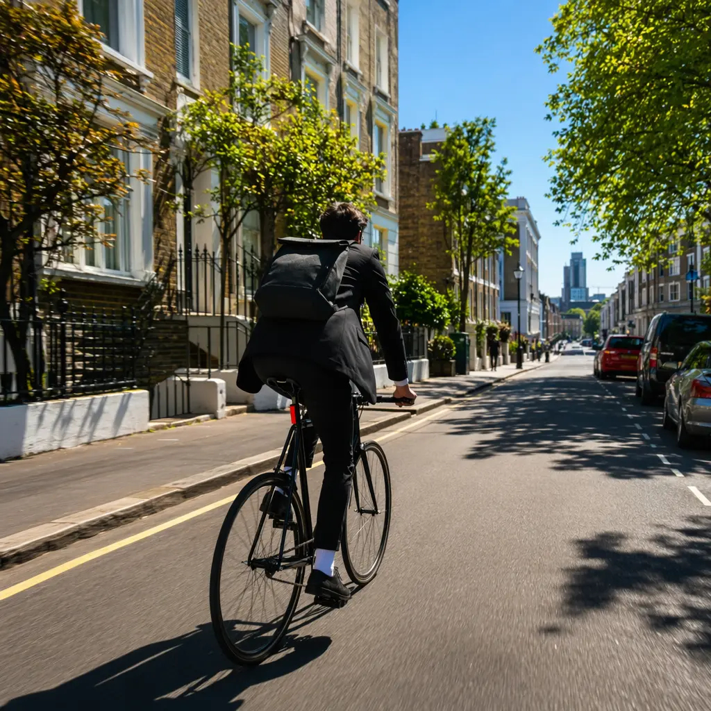 A minimalist city bike cruising along a bright urban street, shot in vivid daylight