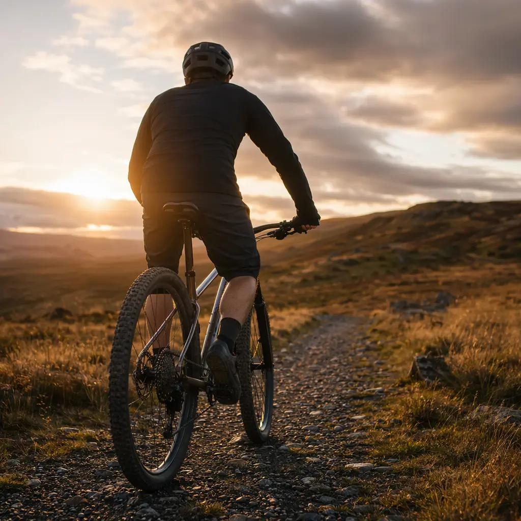 A steel hardtail mountain bike being ridden across open moorland in warm evening light