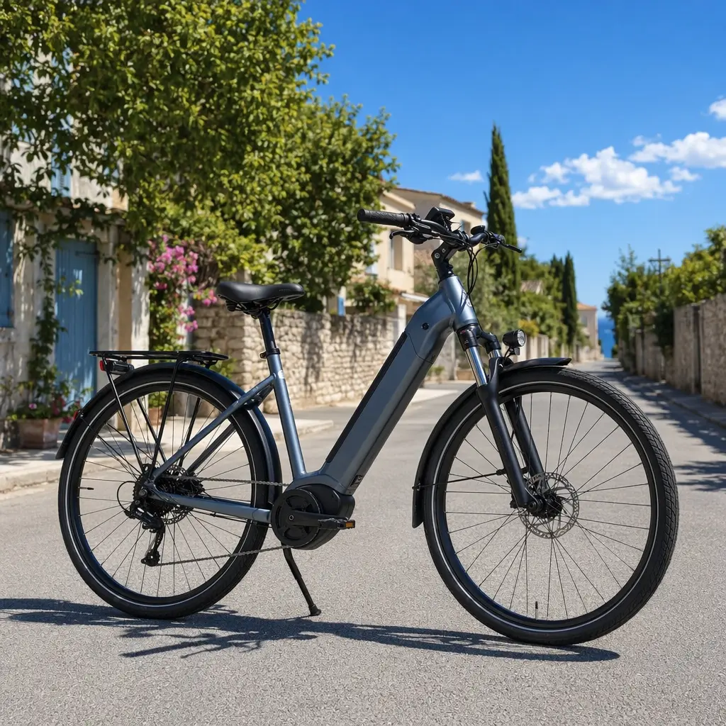 An electric trekking-style bike shown on a sunny residential street, highlighting its upright geometry.