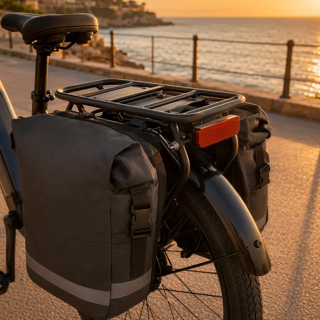 Close-up of an electric bike’s rear rack and panniers in warm seaside light.