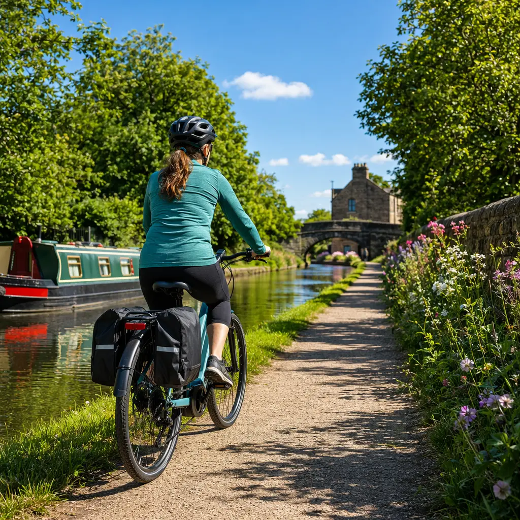 A practical electric touring bike riding along a bright UK canal towpath with panniers fitted.