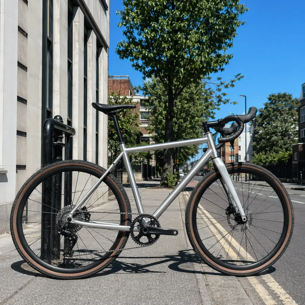 A drop-bar endurance road bike in bright summer sunlight on a UK street