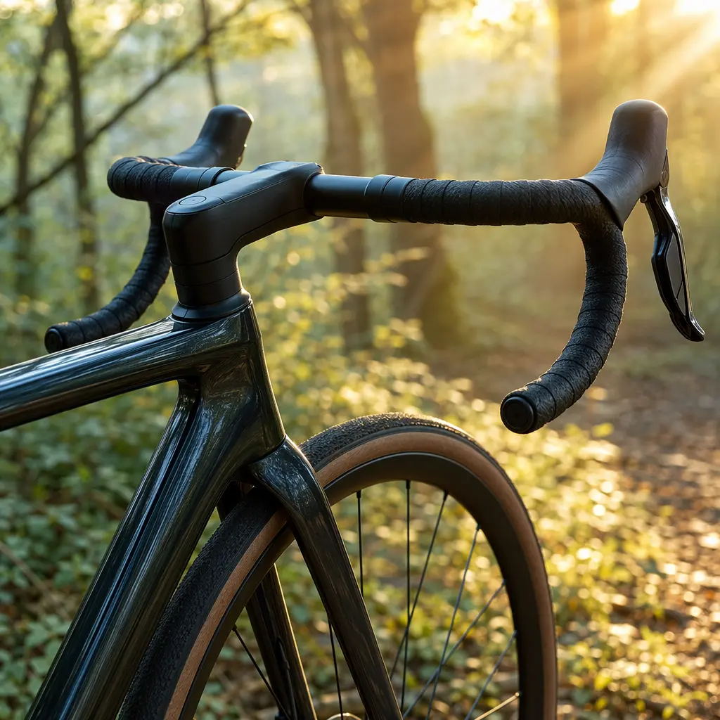 Detail view of a road bike’s handlebars and front wheel in warm morning light