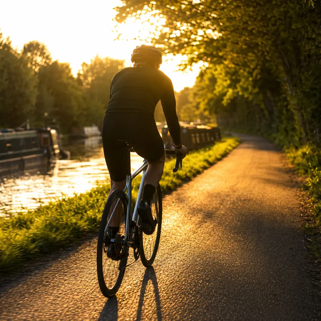 An endurance-style road bike ridden along a canal towpath in warm evening light
