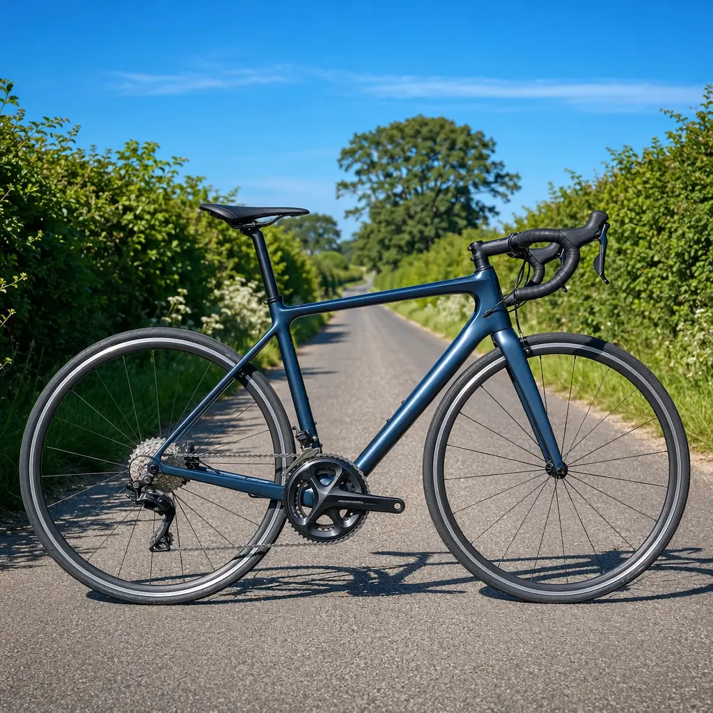 Side view of an endurance road bike on a bright summer country lane