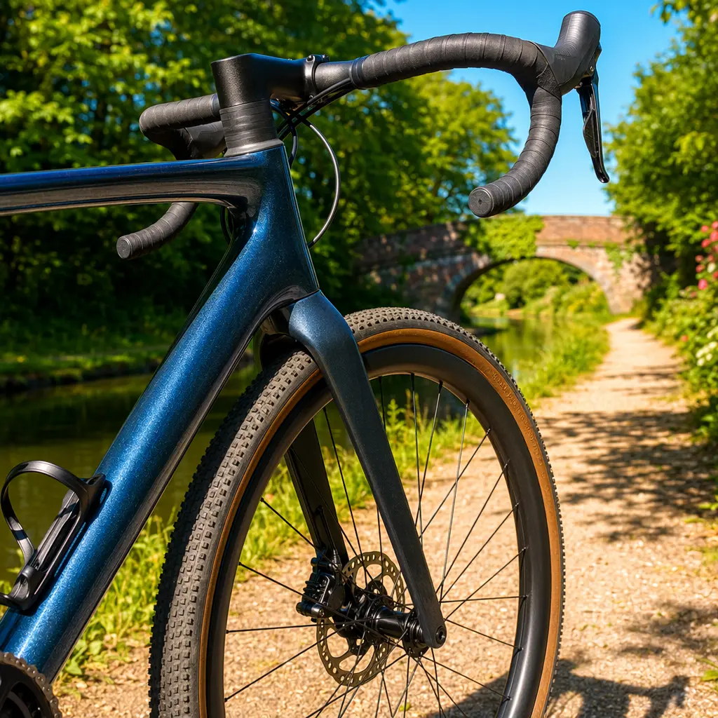 Detail shot of an endurance road bike showing tyre clearance in bright daylight