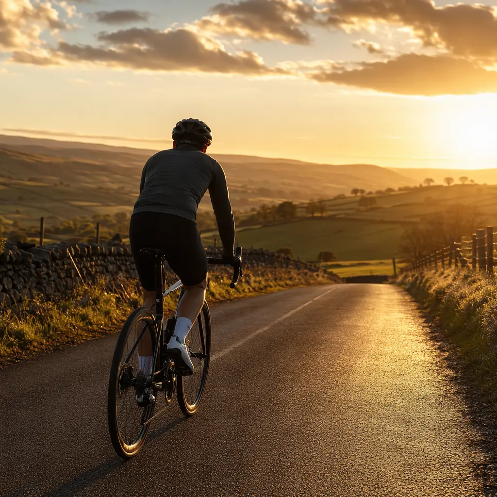 An endurance road bike riding into golden-hour light on quiet UK roads