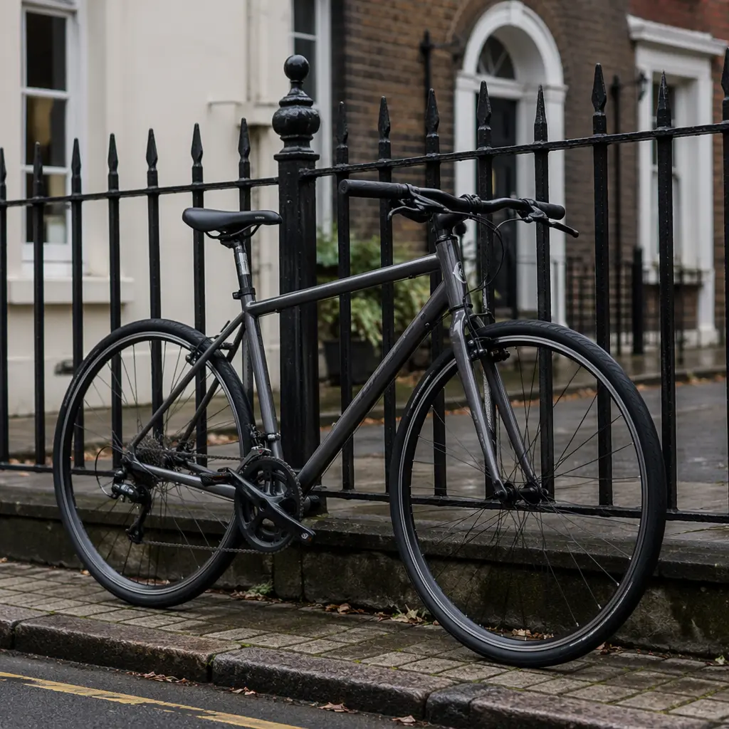 A flat-bar hybrid bike set up for urban riding on a UK street