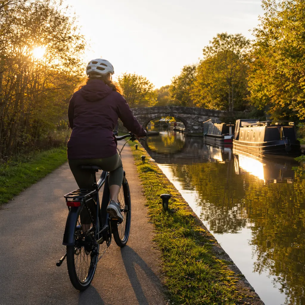 A relaxed trekking-style electric bike cruising along a sunny canal towpath