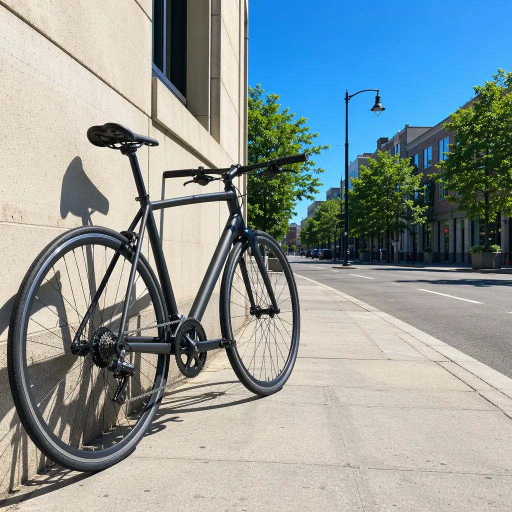 A slim‑tyred flat‑bar road bike shown in bright summer light on a city street.