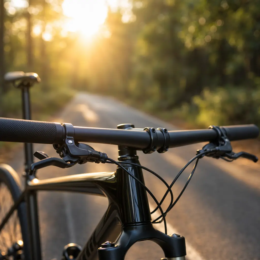 Detail view of flat handlebars and controls on a road‑style bike in warm morning light.
