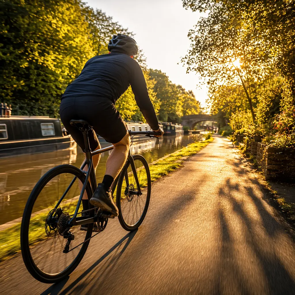 A flat‑bar road bike being ridden briskly along a canal towpath in warm golden‑hour light.