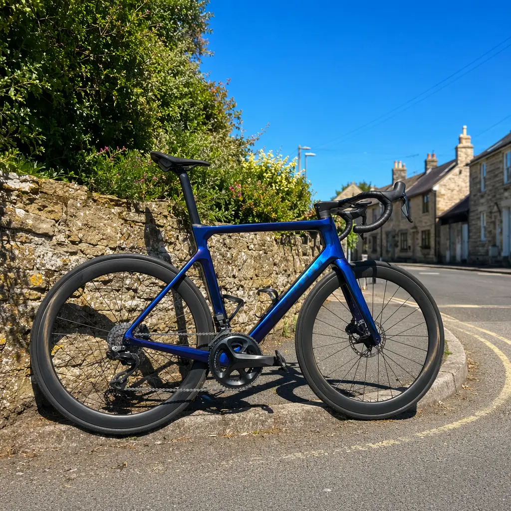 Aero road bike in bright sunlight on a UK street