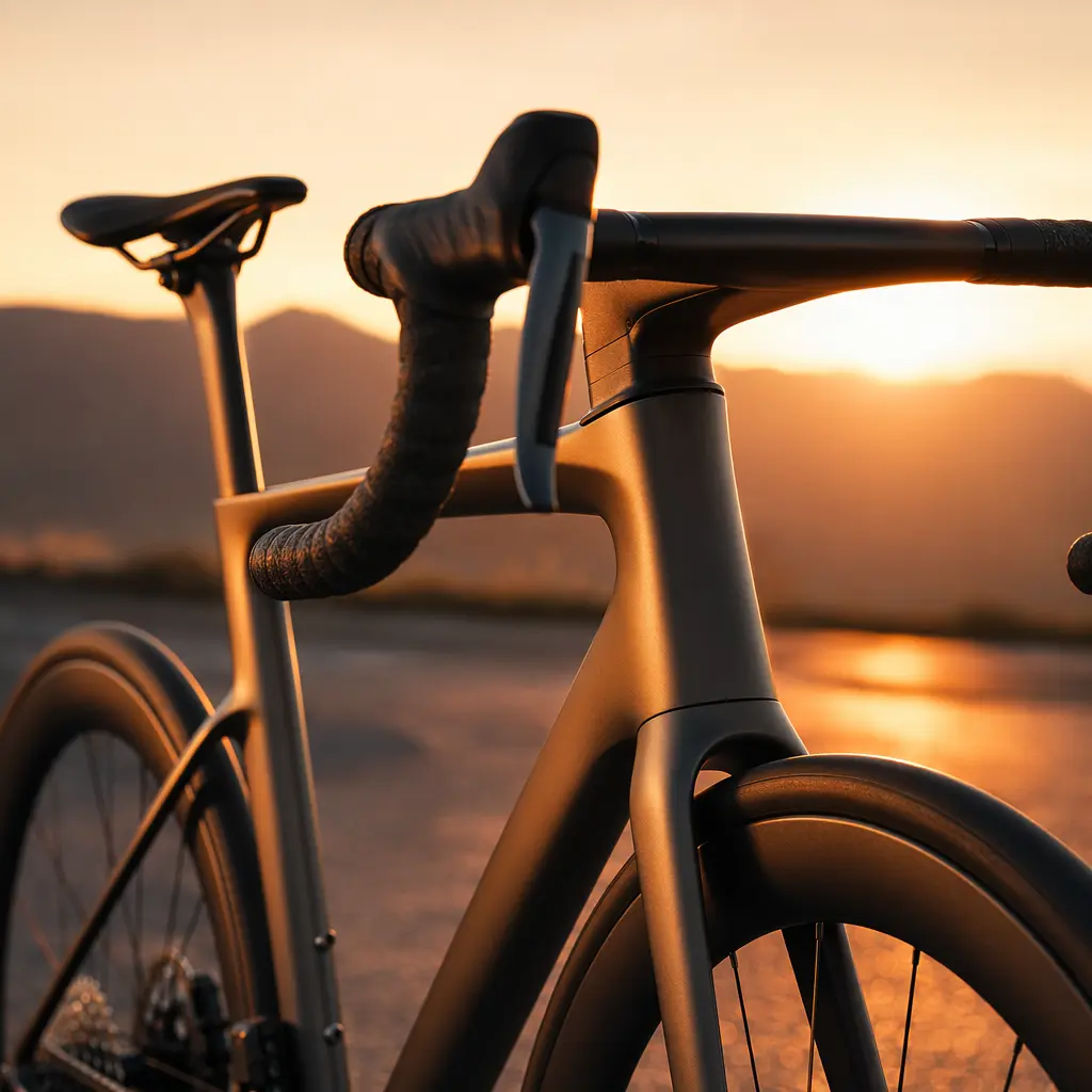 Close-up of an aero road bike cockpit in warm evening light