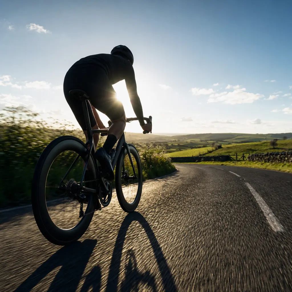 Silhouetted rider on an aero road bike at speed on a sunlit UK road