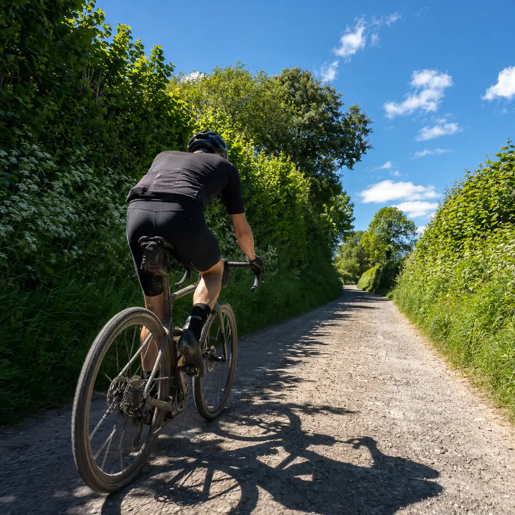 A gravel bike being ridden along a sunny British country lane, shown from behind