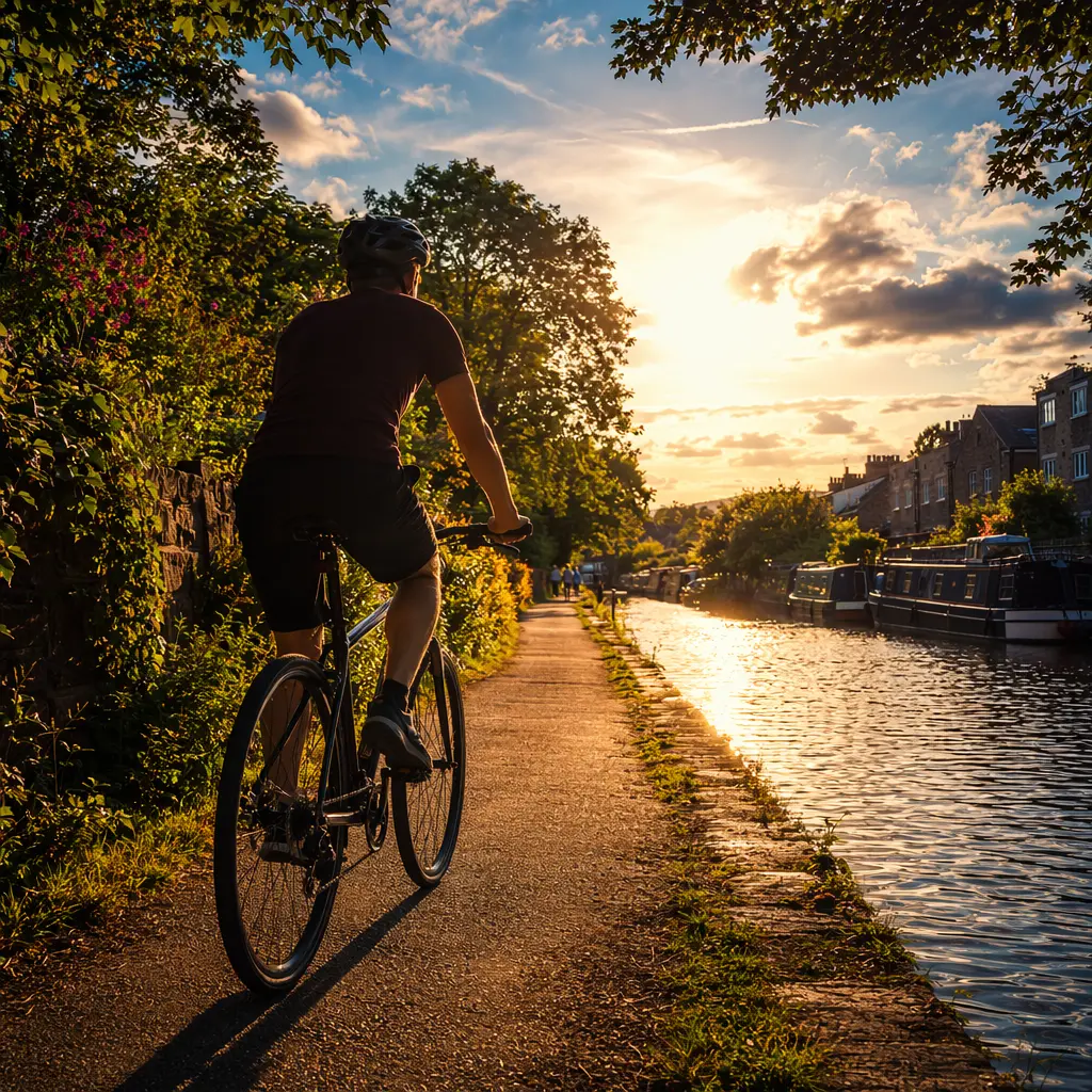 A suspended hybrid bike cruising a canal towpath in warm evening light